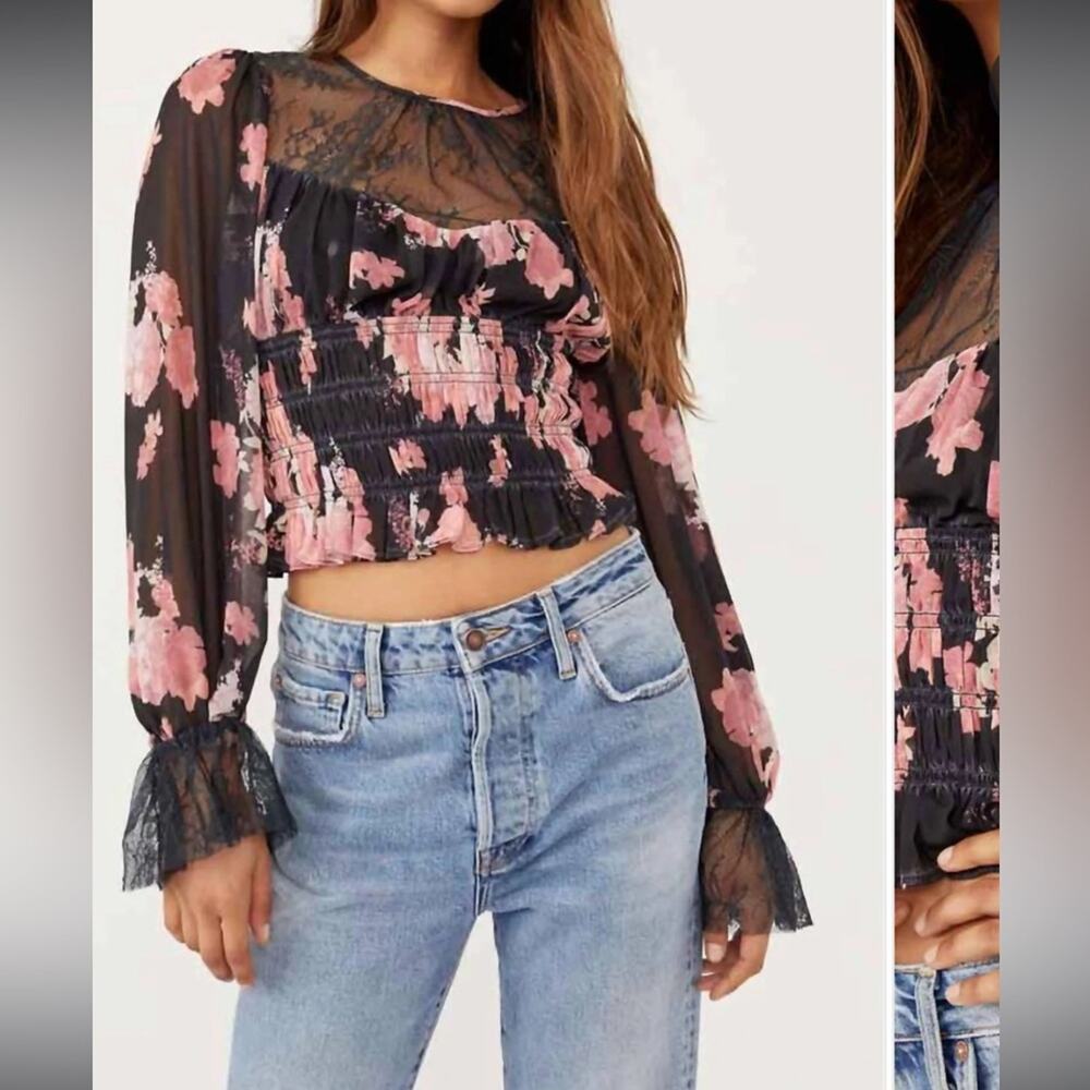 Free People Daphne Blouse‎ Floral Print Lace Sheer Long Sleeve Blouse